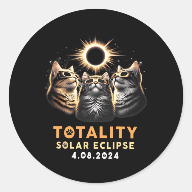 Totality Three Cats Wearing Glasses Solar Eclipse  Classic Round Sticker (Front)