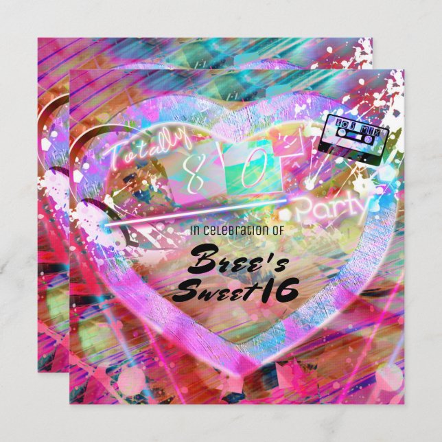Totally 80's Bright Fun Heart Party Invitation (Front/Back)