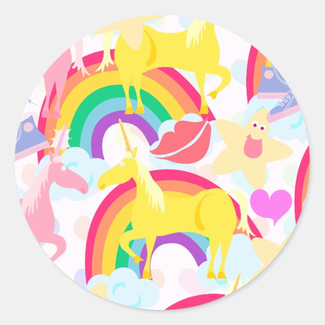 Totally Eighties Unicorn Rainbow Explosion Classic Round Sticker (Front)