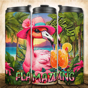 Totally Flamazing Pink Flamingo Beach Drink Thermal Tumbler