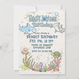 Totally Jaw-Some Happy Shark Illustrated Birthday Invitation