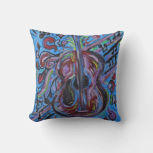 Totally Jazzy Blue Abstract Guitar Folk Art Cushion