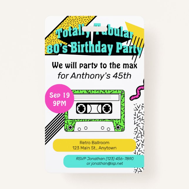 Totally Tubular 80's Birthday Party ID Badge (Front)