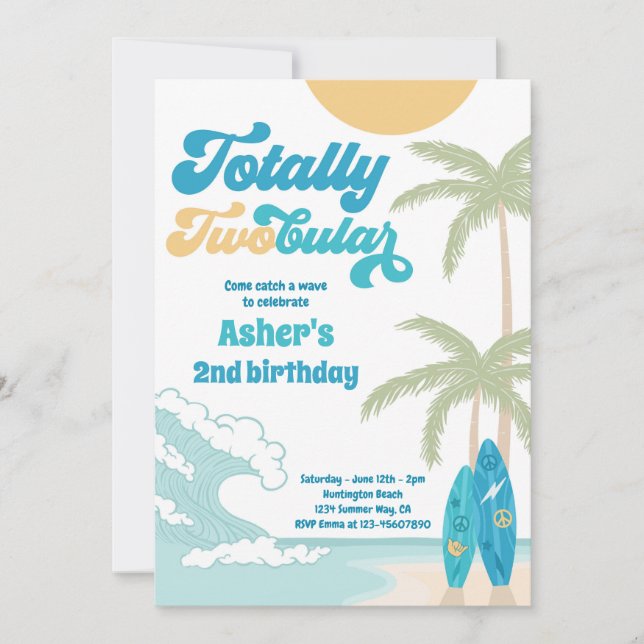 Totally Twobular Surfboard Beach 2nd Birthday Invitation (Front)