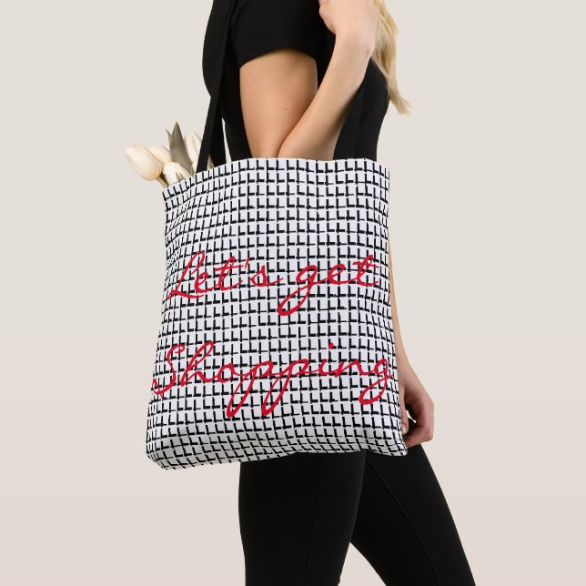Tote bag Black and White Squares Let's Shopping (Close Up)