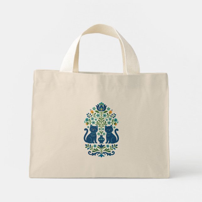 Tote Bag - Blue Folk Art Cats – Whimsical Floral C (Back)