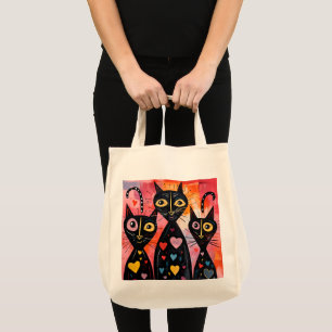 Tote Bag Cat Love Red Hearts