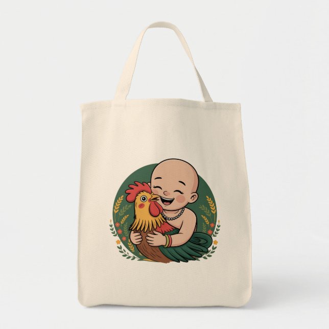 Tote Bag |  Chloe Baby Hugs The Rooster (Front)