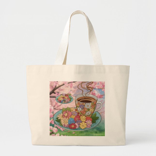 Tote Bag-Cup and coffee with flower design (Front)