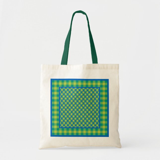 Tote Bag, Emerald and Blue, Checks and Polka Dots Bag (Front)