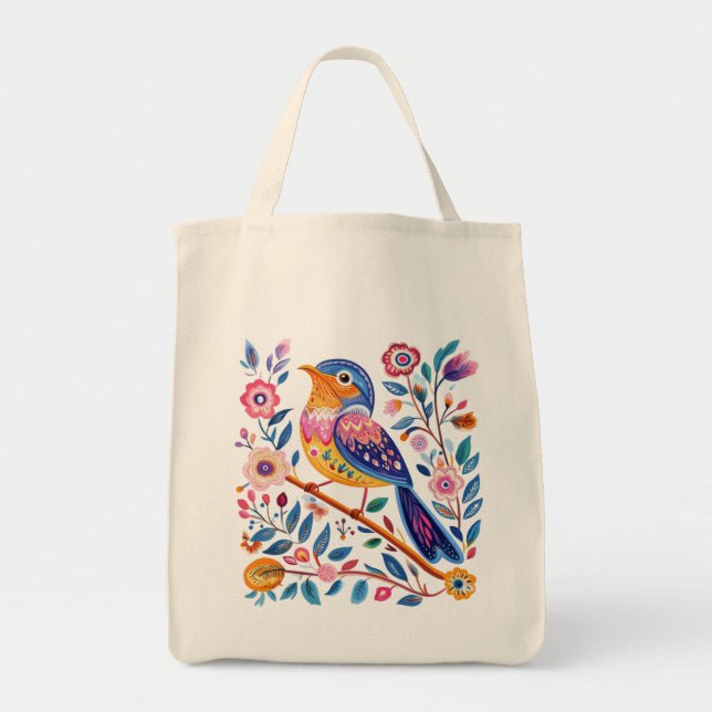 Tote Bag, ethnic bird and flowers design (Front)