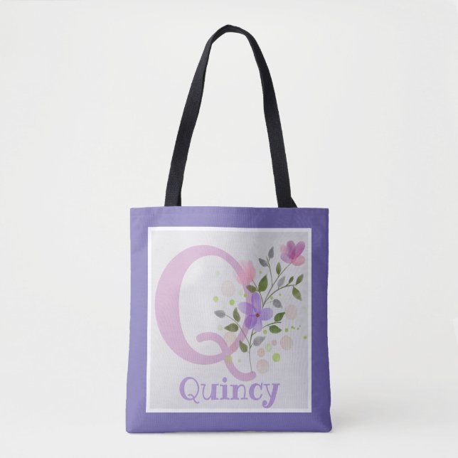 Tote Bag has First Initial Plus Name with Flowers (Front)