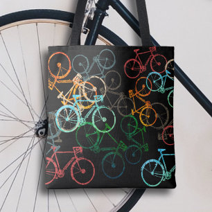 Tote Bag of Bicycles . coloured bikes on black
