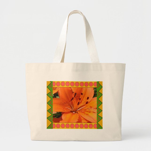 Tote Bag :: Orange Lily with artistic border (Front)