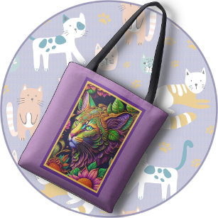 TOTE BAG - Ornate & Colourful Cat Image + Violet