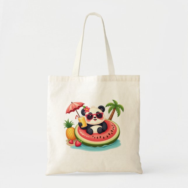 Tote Bag 🐼 Panda on Kiwi Float Summer Style (Front)