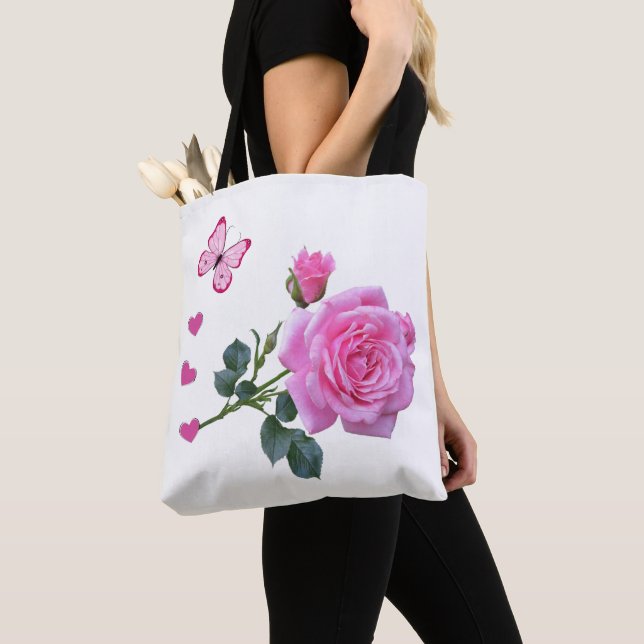 Tote bag Pink Rose Butterfly Kisses Hearts (Close Up)