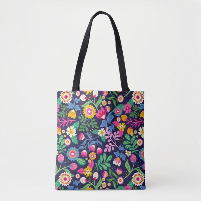 Tote Bag With Black Background Floral Design (Front)