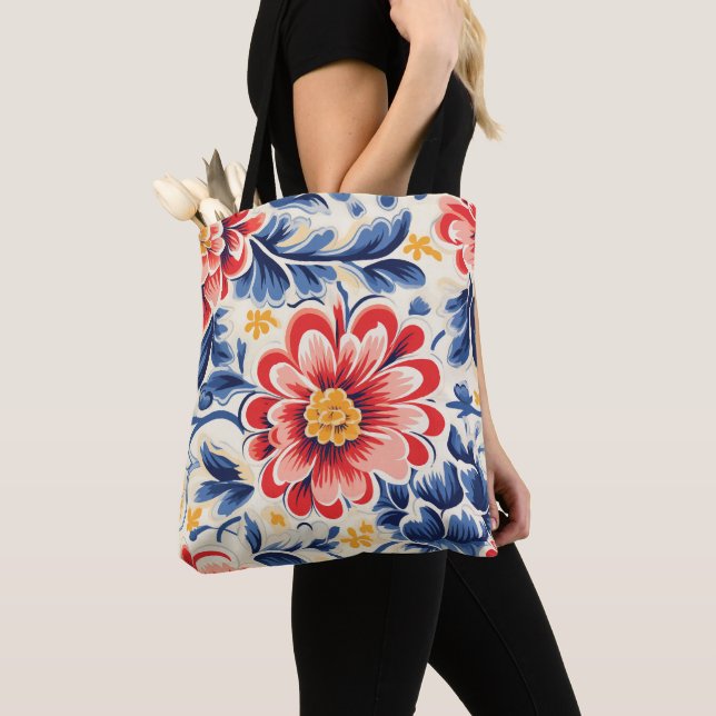 Tote bag with vibrant floral design featuring red (Close Up)