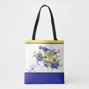 TOTE w/ INITIAL BIRD BLUEBERRIES BLUE YELLOW Bag