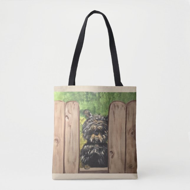 Tote with cute dog peeking between fence slats bag (Front)