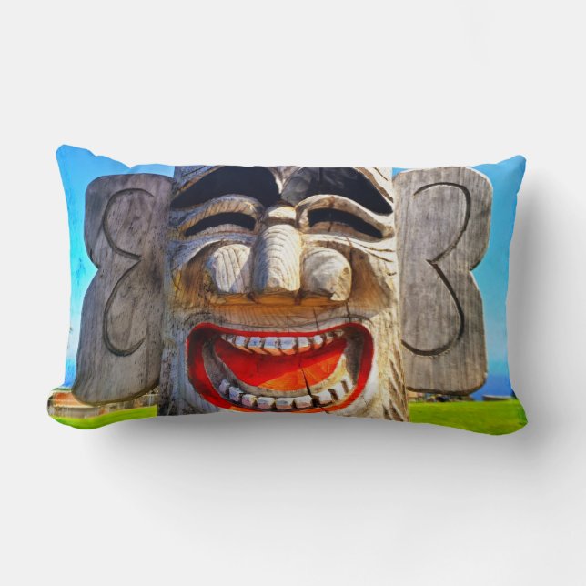 Totem Wood Laughing Teeth Face Tribal Photo Bold Lumbar Cushion (Front)