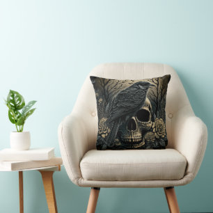 Totenkopf und Krähe Motiv Design Kissen Cushion