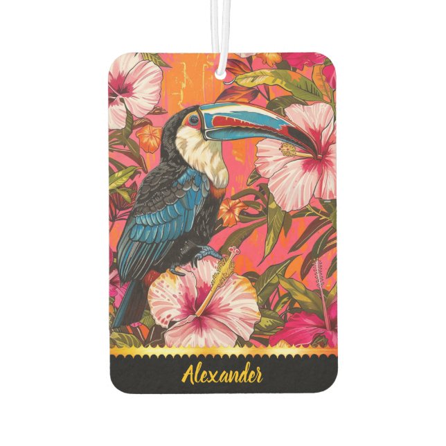 Toucan among tropical hibiscus flowers car air freshener (Back)