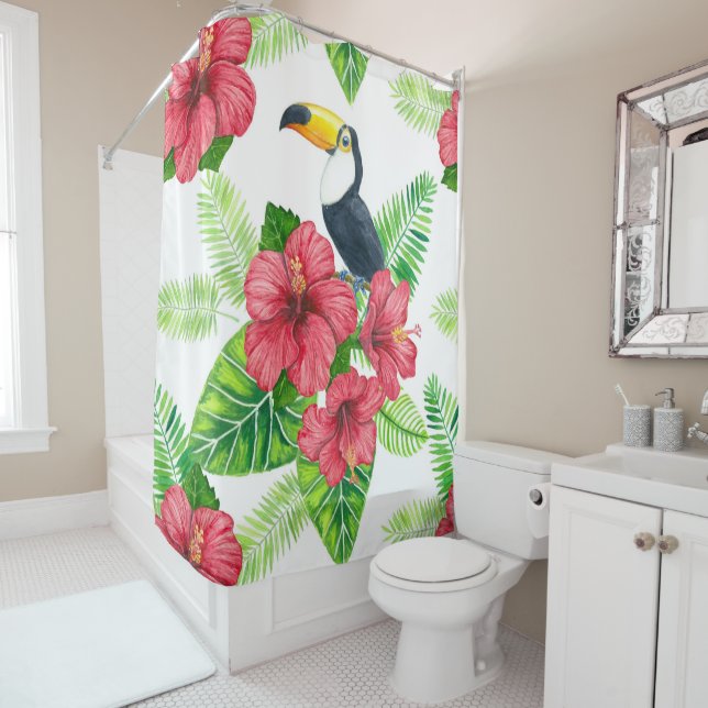 Toucan and tropical bouquet shower curtain (In Situ)