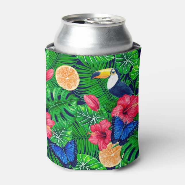 Toucan and tropical garden watercolor can cooler (Can Front)