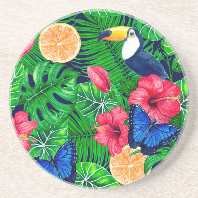 Toucan and tropical garden watercolor coaster (Front)
