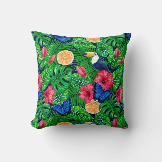 Toucan and tropical garden watercolor cushion (Front)
