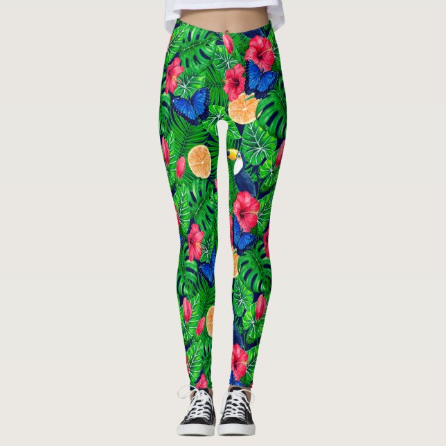 Toucan and tropical garden watercolor leggings (Front)
