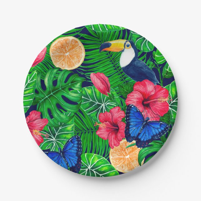 Toucan and tropical garden watercolor paper plate (Front)