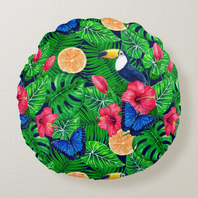 Toucan and tropical garden watercolor round cushion (Front)