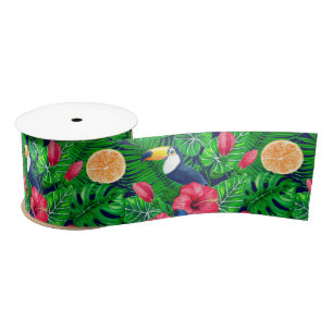Toucan and tropical garden watercolor satin ribbon