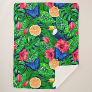 Toucan and tropical garden watercolor sherpa blanket