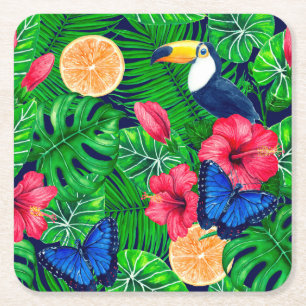 Toucan and tropical garden watercolor square paper coaster
