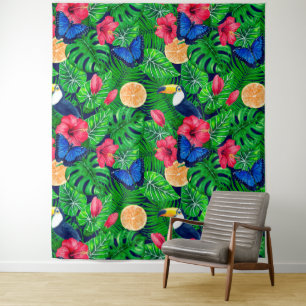 Toucan and tropical garden watercolor tapestry