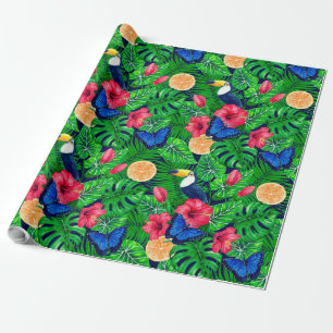 Toucan and tropical garden watercolor wrapping paper