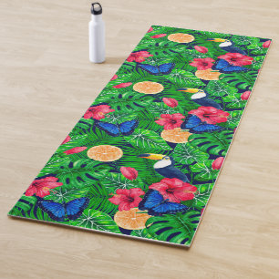 Toucan and tropical garden watercolor yoga mat