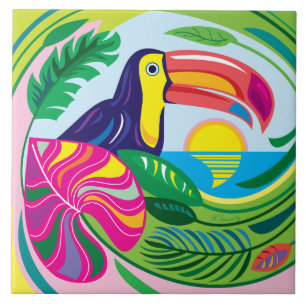 Toucan and Tropical Leaves Ceramic Tile
