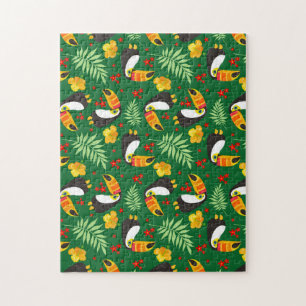 Toucan Bird Green Leaves Orange Red Flower Jigsaw Puzzle