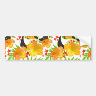 Toucan Bird Orange Flowers Green Leaves Tropical Bumper Sticker