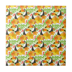 Toucan Bird Orange Flowers Green Leaves Tropical Ceramic Tile