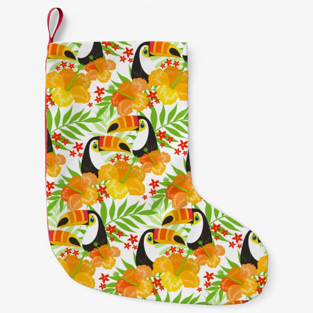 Toucan Bird Orange Flowers Green Leaves Tropical Small Christmas Stocking (Front)