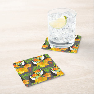 Toucan Bird Orange Tropical Flowers Green Leaves Square Paper Coaster
