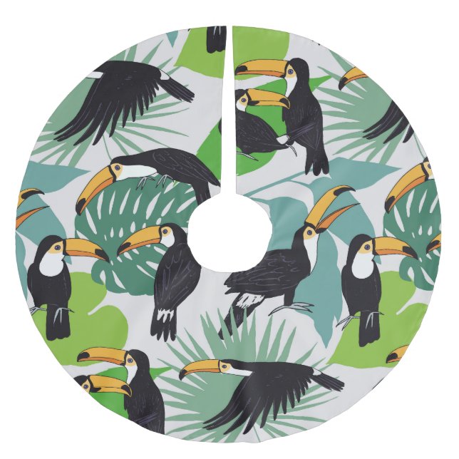 Toucan Bird: Palm Leaves Pattern Brushed Polyester Tree Skirt (Front)