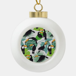 Toucan Bird: Palm Leaves Pattern Ceramic Ball Christmas Ornament