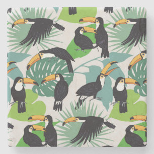 Toucan Bird: Palm Leaves Pattern Stone Coaster
